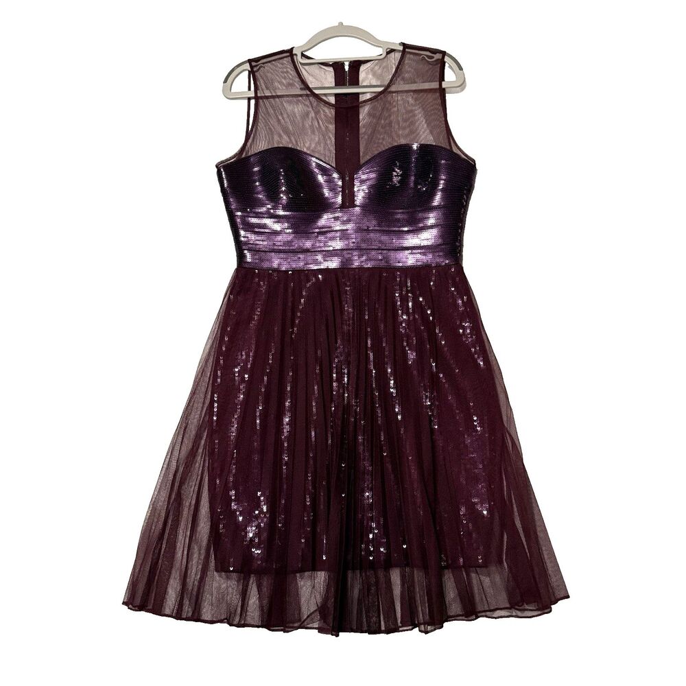 BCBGMAXAZRIA Korina Sequin Tulle Cocktail Dress Purple Plum Layered Skirt Size M